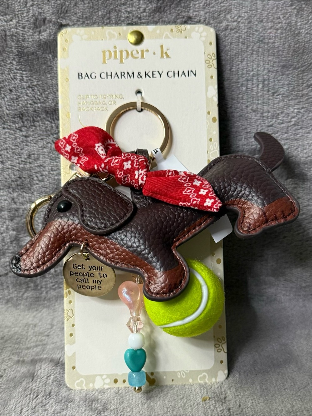 Piper K Brown Dachshund Bag Charm & Key Chain with Red Bandana